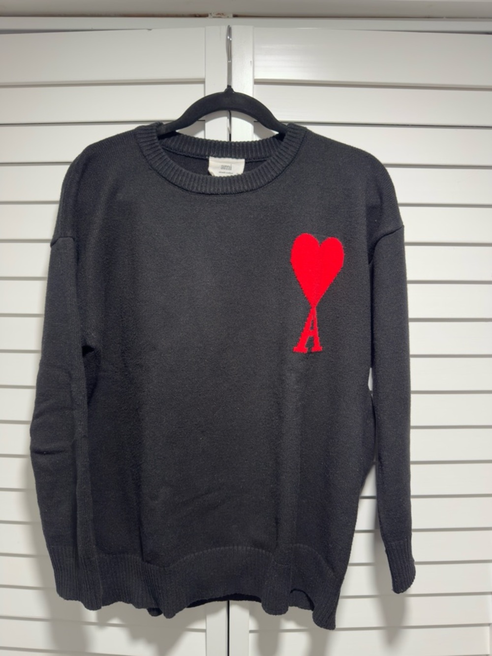 Ami Alexandre Mattiussi Black Crewneck Sweater with Red Heart 'A' Motif